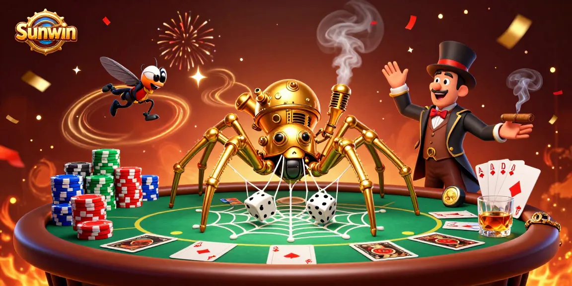 Sunwin brings excitement as a cartoon spider traps dice in a web of poker chips.