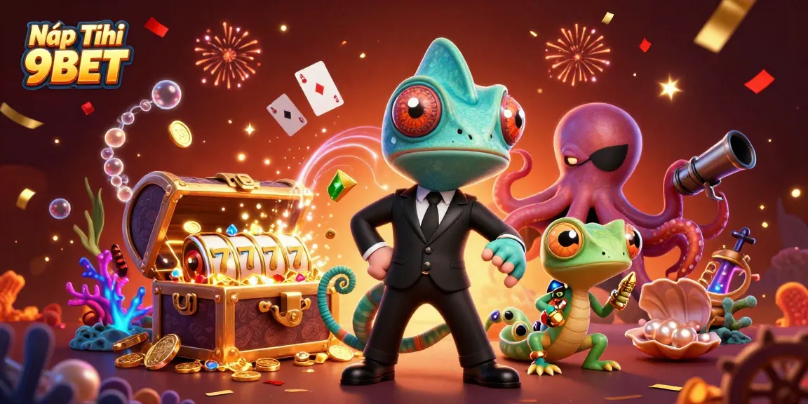 Nạp Tiền 9BET illustration with casino elements, showcasing a dynamic 3D scene of animated characters.