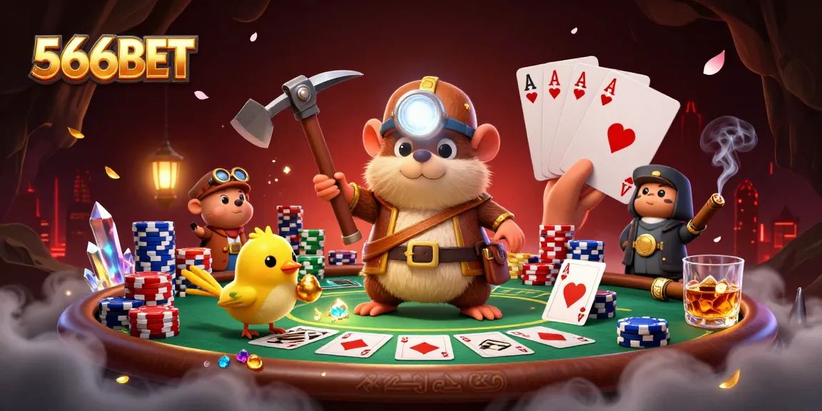 Explore exciting gaming adventures at 566BET with treasure hunting action and vibrant poker elements.