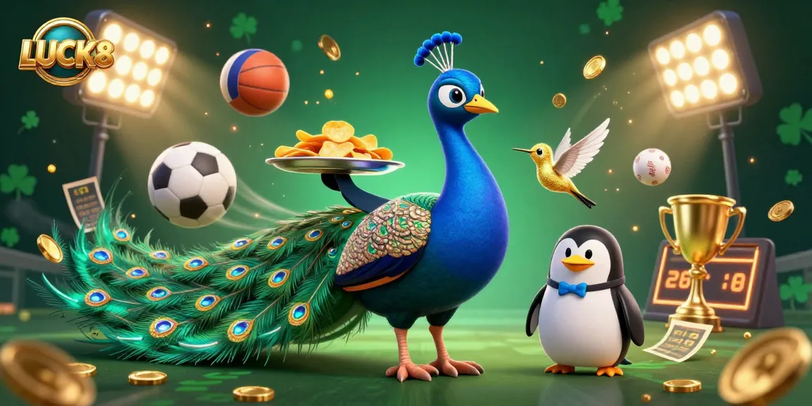 LUCK8 - Engage with vibrant casino elements featuring a colorful peacock, golden chips, and dynamic sports betting