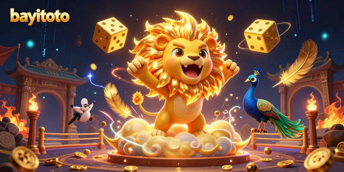 Engage with bayitoto high-energy gaming experience amidst golden dice and a roaring sun lion.