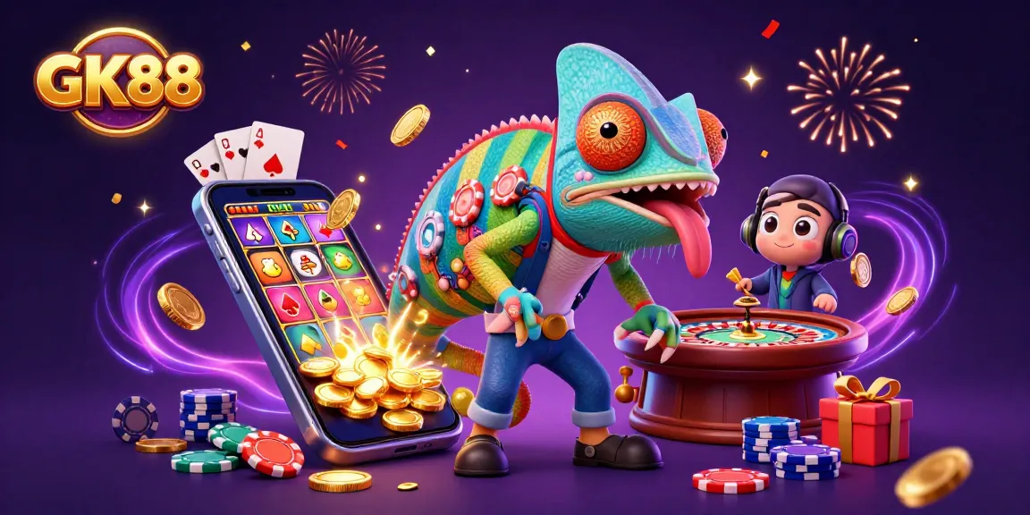 Experience the excitement of GK88 casino with a vibrant chameleon, golden coins, and dynamic slot games.