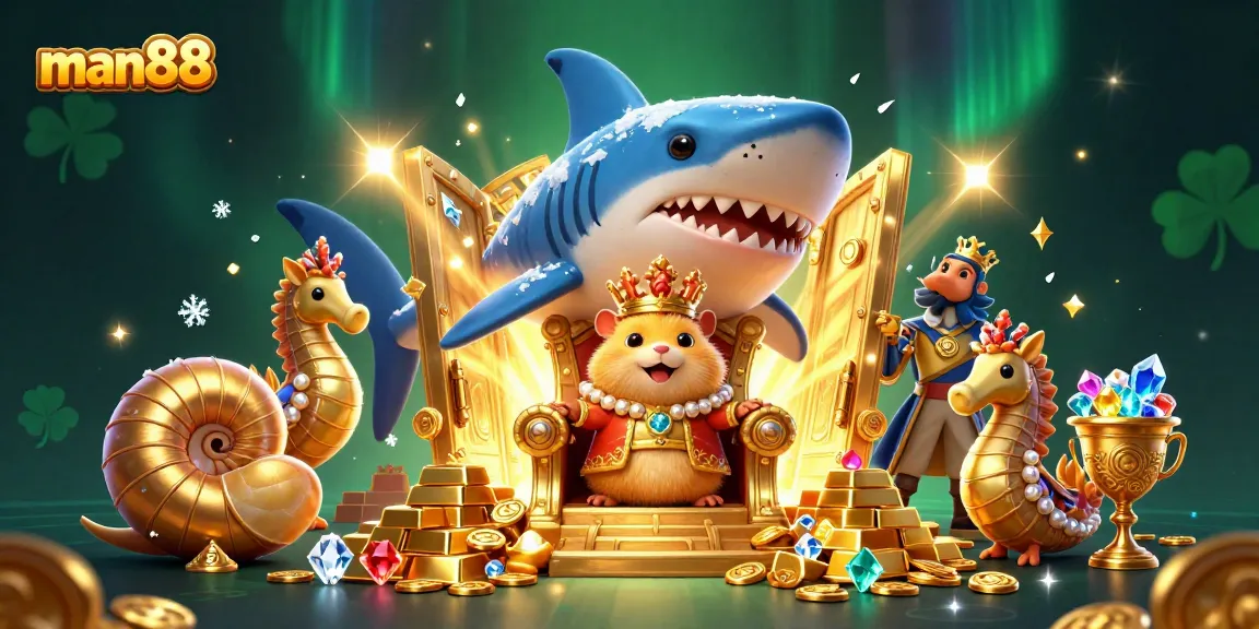Experience the excitement of man88 as the golden hamster king rules over treasures in a vibrant casino scene.