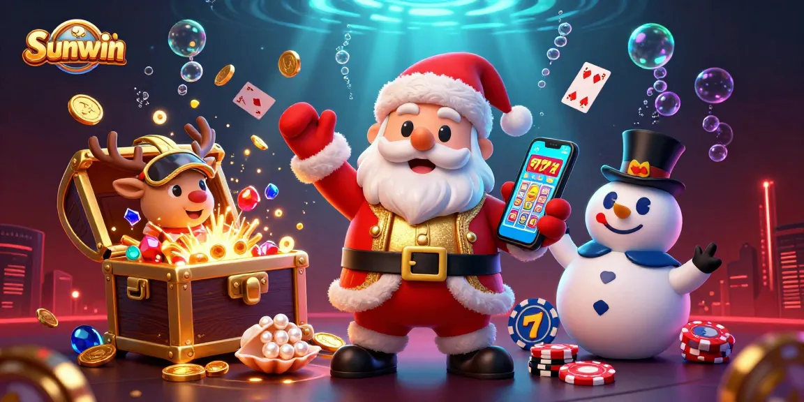 Sunwin players enjoy a vibrant 3D casino scene with Santa holding jackpot slots.