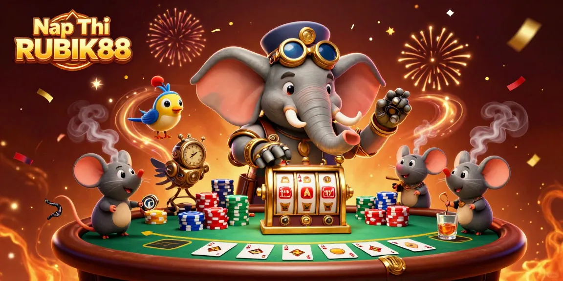 Nạp Tiền RUBIK88 and win big with a vibrant online casino gaming experience featuring an engineer, slot machine, and poker elements.
