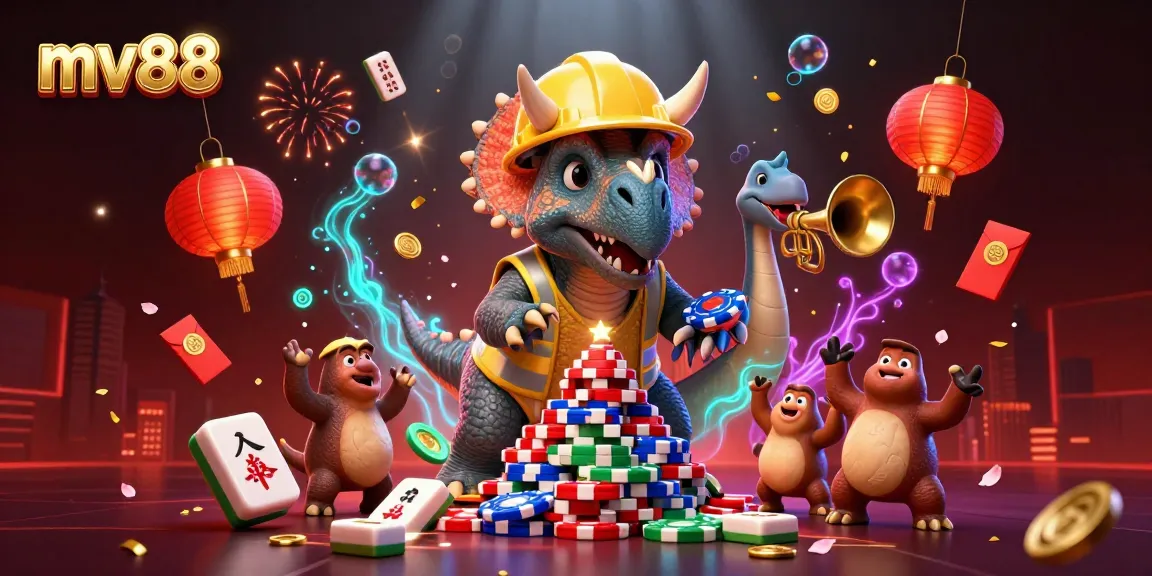 Experience thrilling wins at mv88 with dynamic 3D illustration featuring casino elements and vibrant characters.