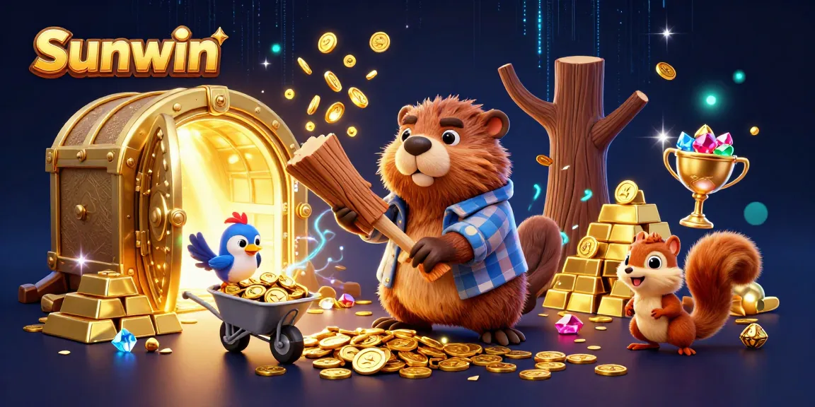 Sunwin players enjoying a vibrant casino scene with themed characters collecting glowing coins and treasures.