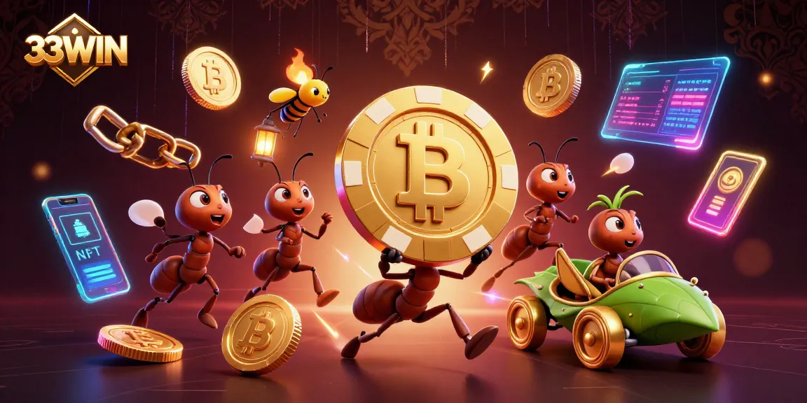 Engage with thrilling casino action at 33WIN, featuring lively ants on a heist with poker chips and crypto elements.