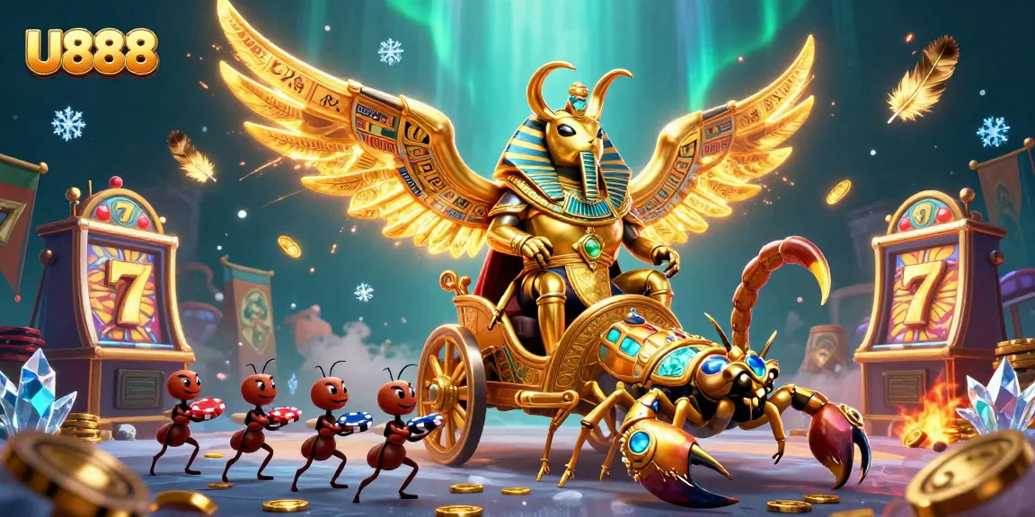 Bet at U888 featuring a heroic golden scarab beetle surrounded by vibrant casino elements.
