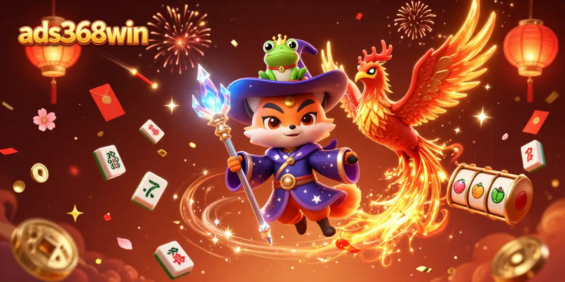 Experience thrilling moments at ads368win with a vibrant casino scene featuring a magical wizard fox, phoenix, and dynamic game elements.