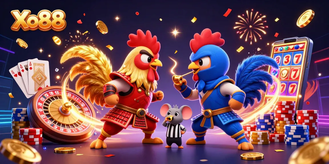 Xo88 introduces vibrant 3D roosters battling in an exciting casino scene filled with gold.