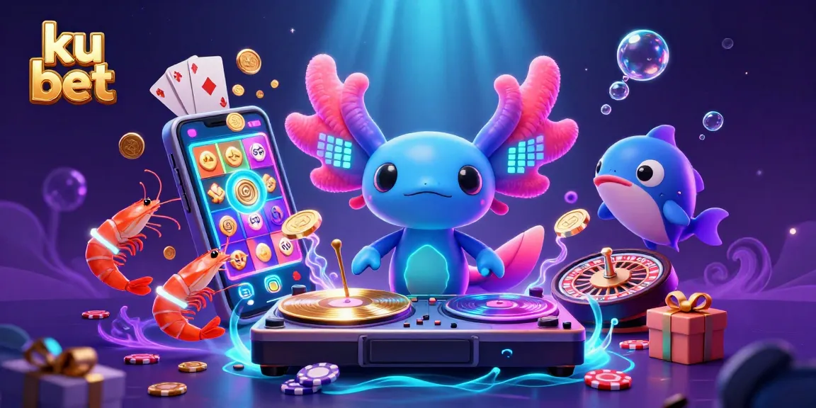 Play exciting casino games with ku bet at a vibrant underwater party scene featuring colorful characters and rich gambling elements.