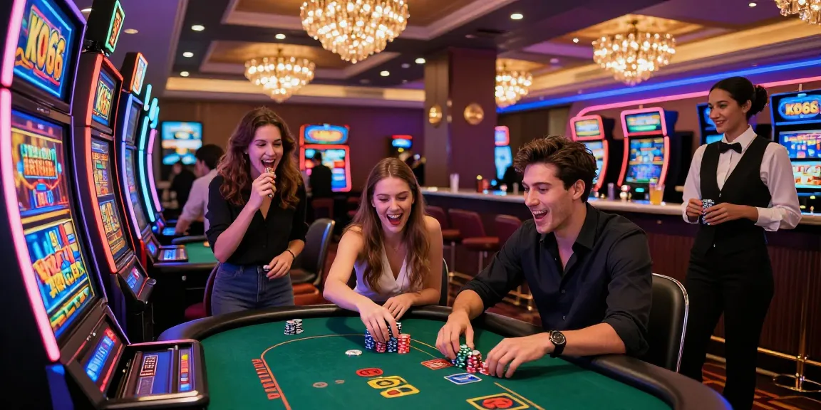 Exciting gaming atmosphere at KO66 Casino with friends enjoying vibrant slots and poker tables, capturing the thrill of gambling.