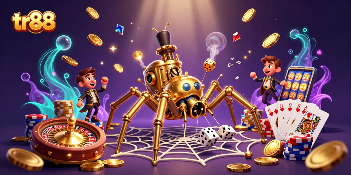 Experience gambling thrills at tr88 with a steampunk spider and coins in a dazzling casino scene.