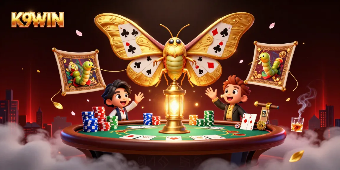 K9WIN interactive casino scene with a moth character, poker and vibrant lights.