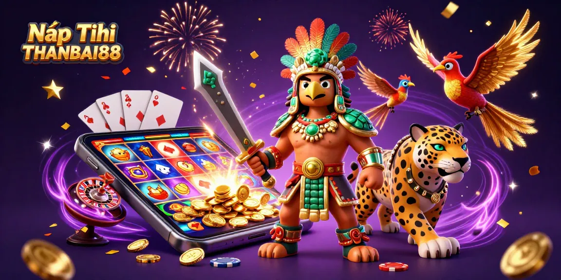 Nạp Tiền THANBAI88 with vibrant casino elements featuring an Aztec warrior and a smartphone game display.