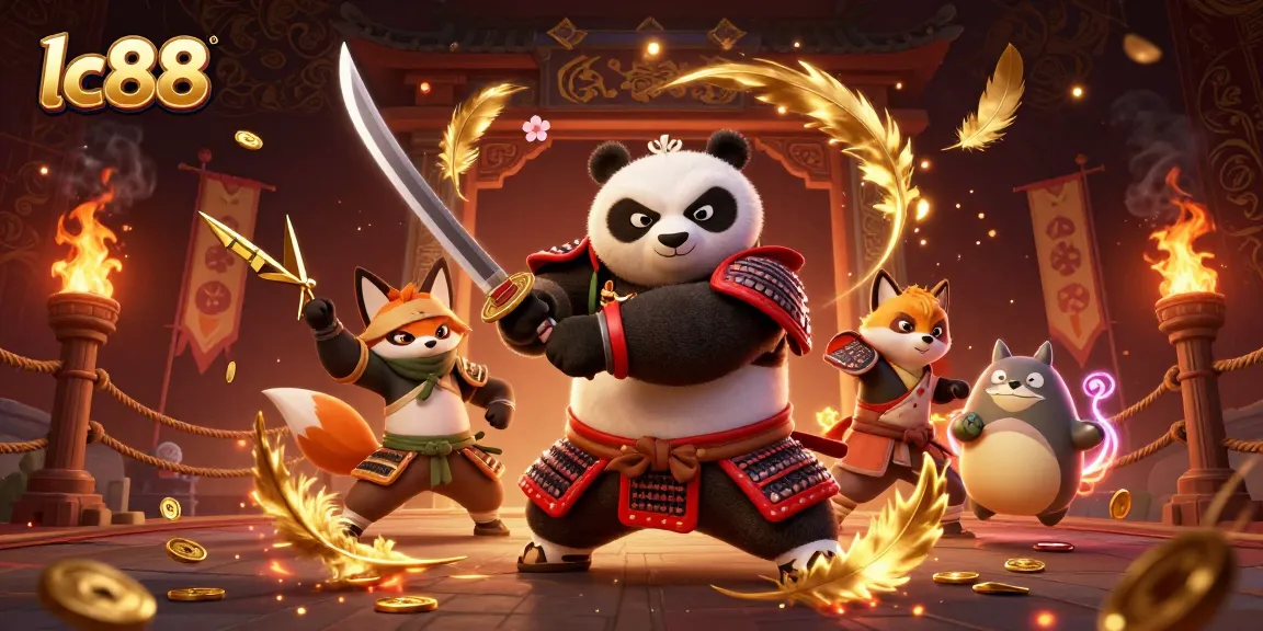 Experience thrilling gaming at lc88 with samurai panda and ninja fox in a vibrant casino scene.