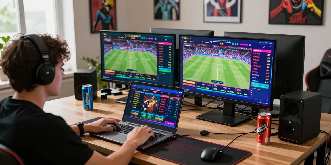 LUCK8 player enjoying live betting in a modern home office setup with vibrant gaming atmosphere.