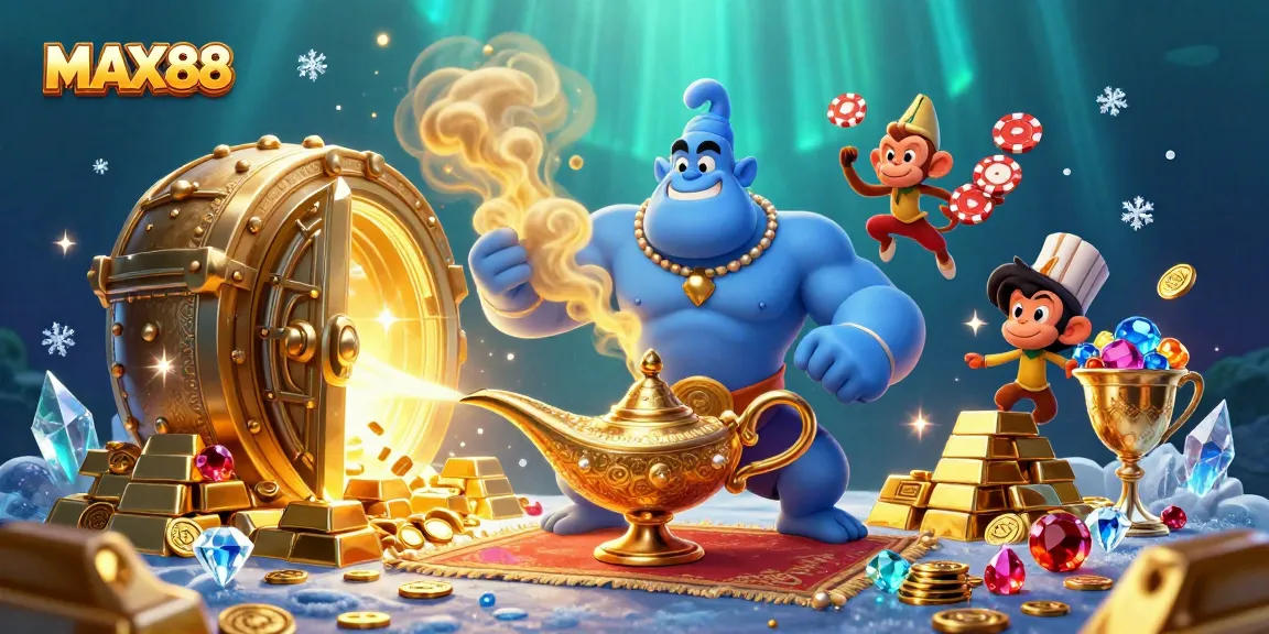 Engage with MAX88 to uncover luxurious treasures in this vibrant casino-themed illustration.