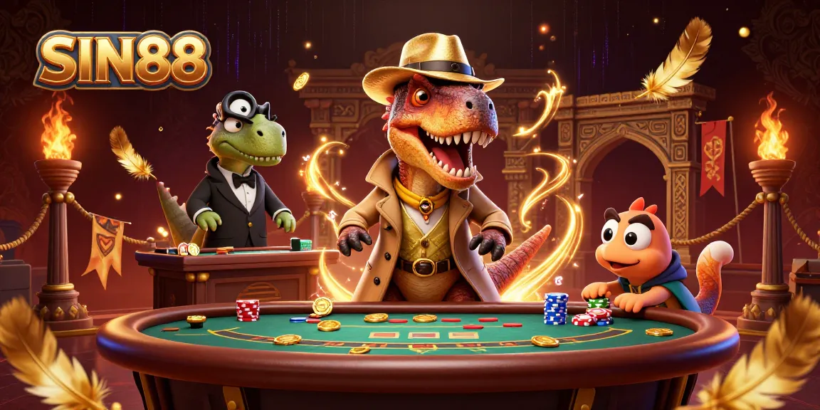 SIN88 features a velociraptor card counter, a stegosaurus pit boss, and a compy pickpocket at a vibrant blackjack table.