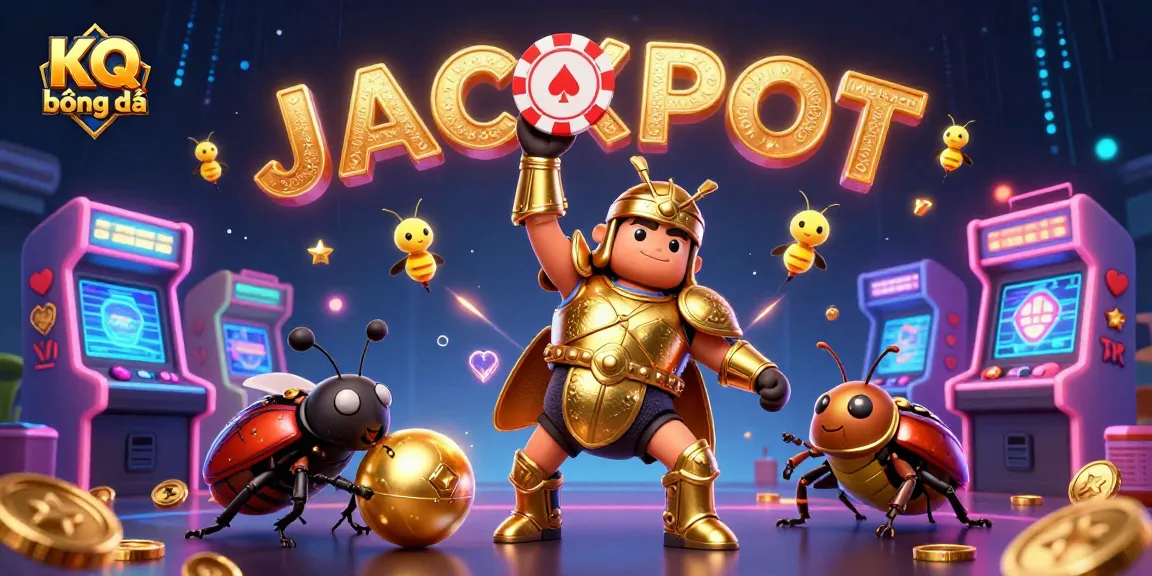 KQ bóng đá showcases a victorious hercules beetle winning a jackpot surrounded by vibrant gaming elements.