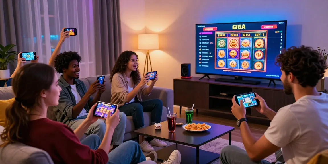 Group enjoying online gaming session with depo pulsa 10k tanpa potongan, celebrating wins in vibrant living room.