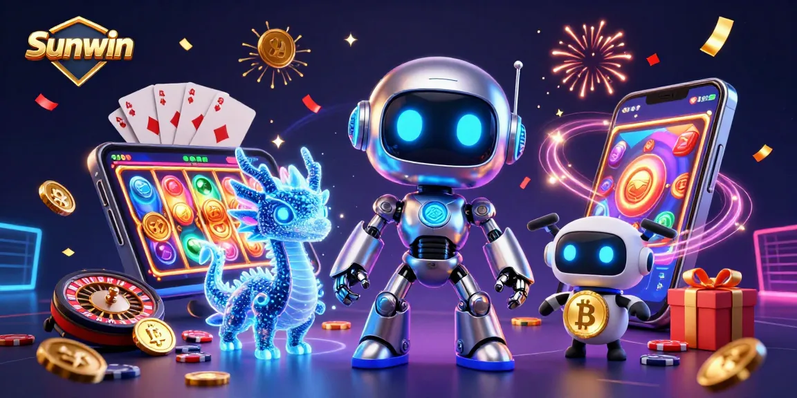 Engage with Sunwin's vibrant casino world, featuring a cyberpunk robot and colorful gaming elements.