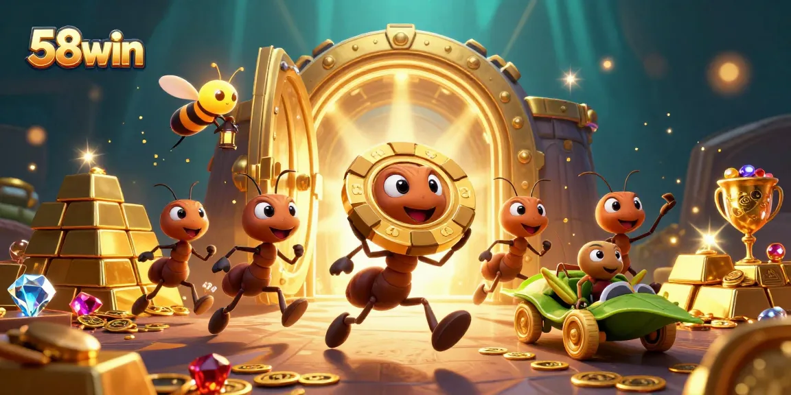 58win ants stealing a golden poker chip in a vibrant, animated casino heist scene