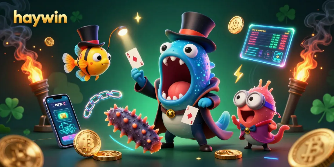 Experience enchanting gambling magic with haywin, featuring cartoon sea creatures and crypto elements.
