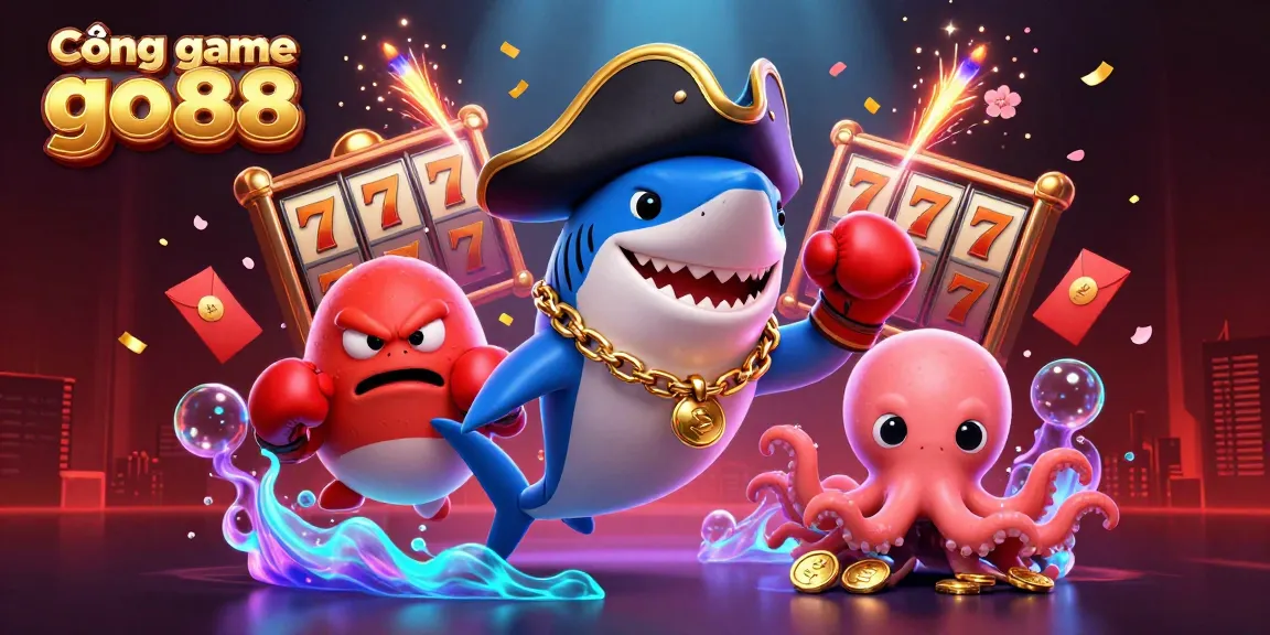 Cổng game go88 showcases an exciting 3D casino scene with a shark, pufferfish, and octopus, celebrating big wins.