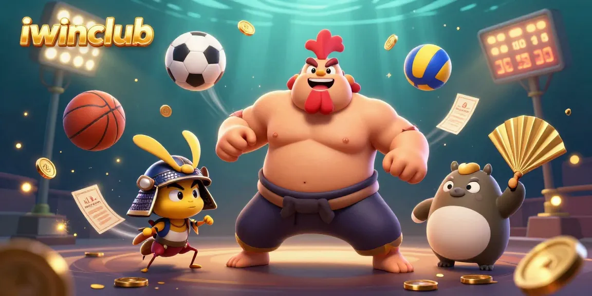 Experience the excitement of iwinclub with an action-packed 3D illustration of a sumo wrestler and samurai cricket.
