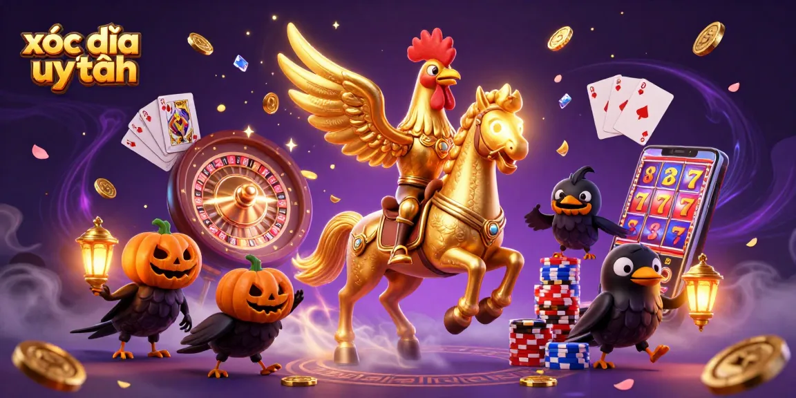 Experience thrilling xóc đĩa uy tín with golden rooster and spectral horse gaming at a vibrant casino scene.