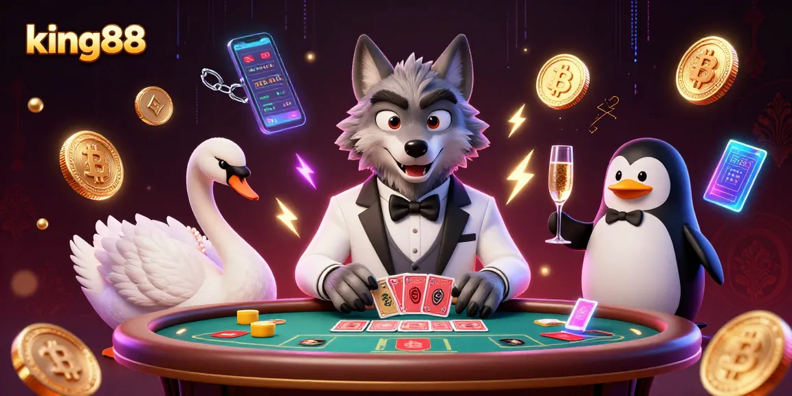 Engage with king88 in a vibrant casino scene featuring a debonair wolf, swan dealer, and penguin sommelier.