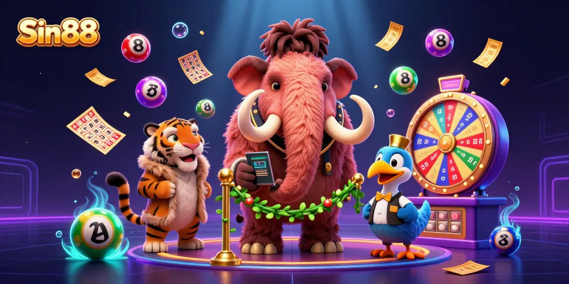 Experience the vibrant atmosphere of Sin88 with a lively 3D casino scene featuring a mammoth bouncer and tiger guest.