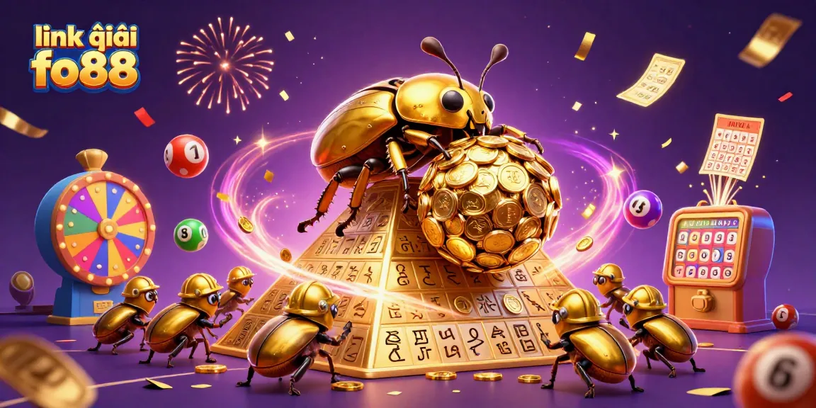 Engage with link vào fo88 as a massive golden beetle rolls coins, filled with colorful lottery elements.