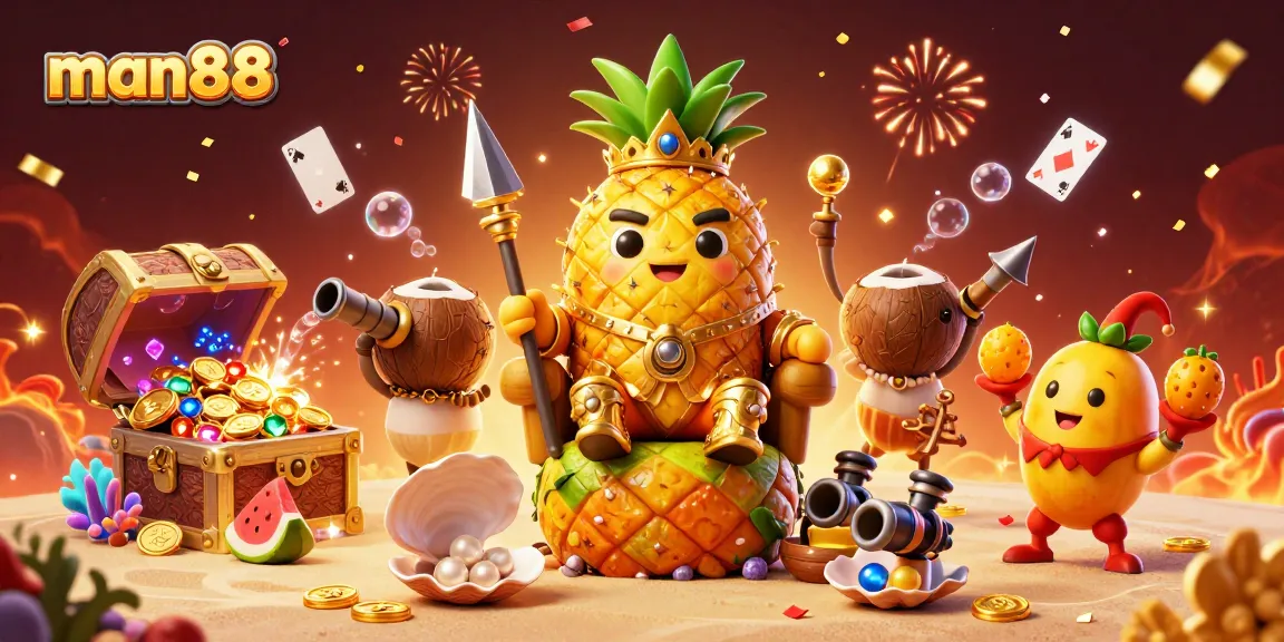 Experience thrilling wins at man88 with a golden pineapple king ruling a vibrant casino scene.