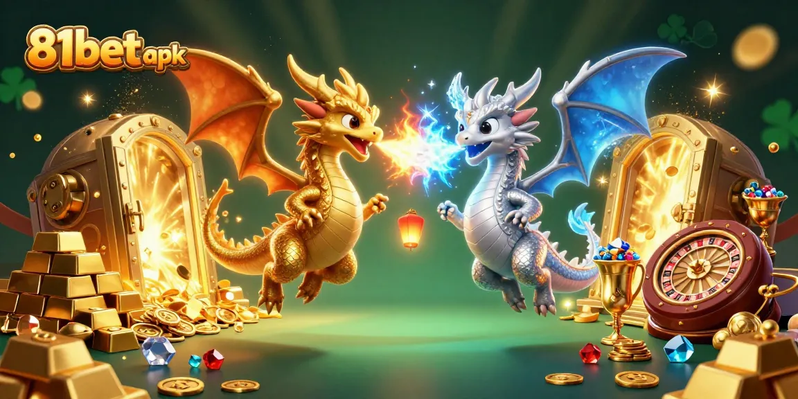 A dynamic 3D illustration showcasing the 81bet apk theme with golden and silver dragons in a rich casino atmosphere.