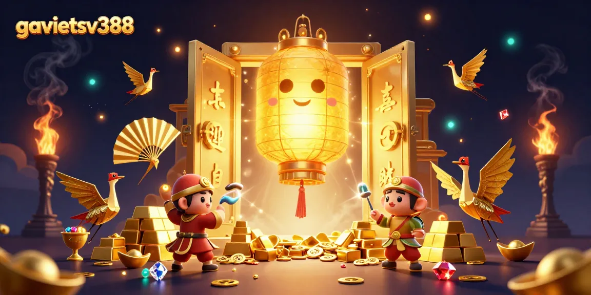 Experience thrilling gameplay at gavietsv388 with golden treasures and lucky symbols in an enchanting illustration.
