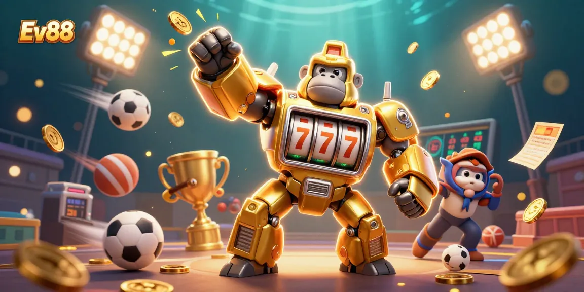 Ev88 celebrates winning strategies with a golden gorilla mech amidst sports elements and excitement.