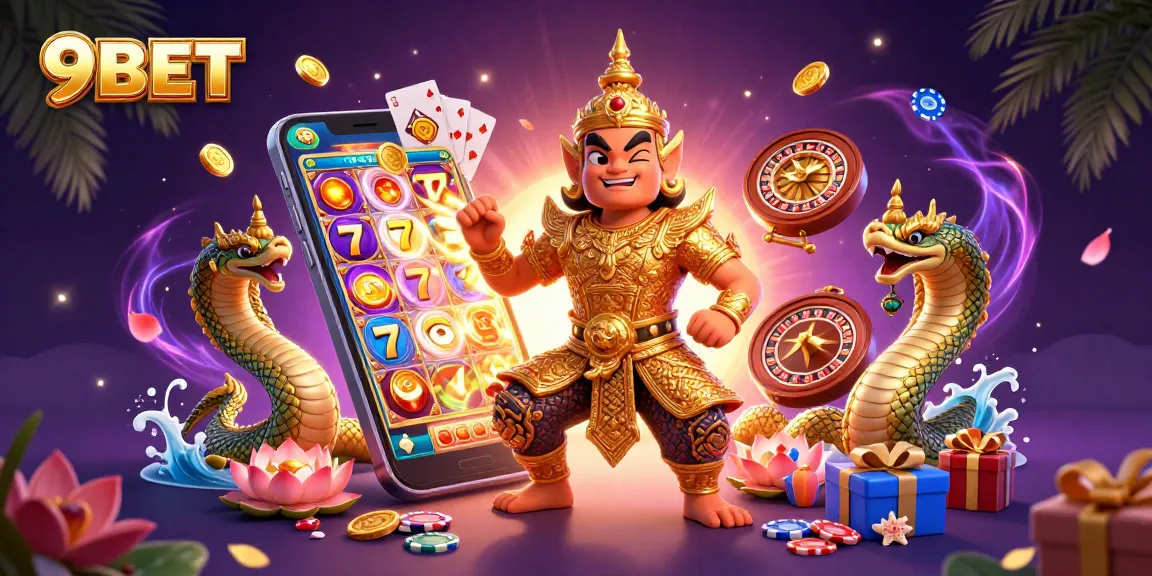 Experience exciting action with 9BET's vibrant 3D casino scene featuring games and treasures.