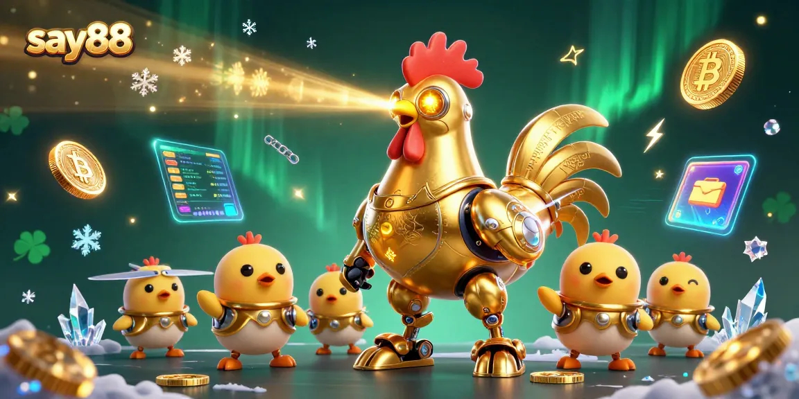 Experience thrilling gaming with say88's vibrant digital illustration featuring a golden rooster robot and crypto elements.