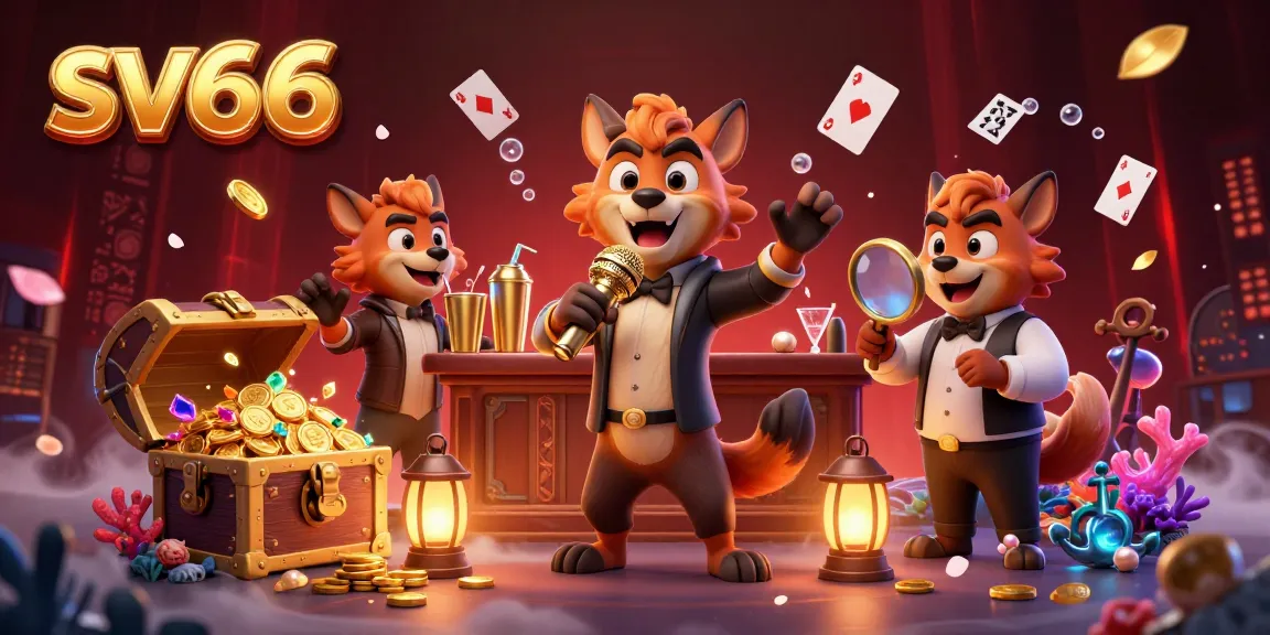 Engage in the vibrant comedy casino scene at sv66 with hyenas, gold coins, and playing cards.