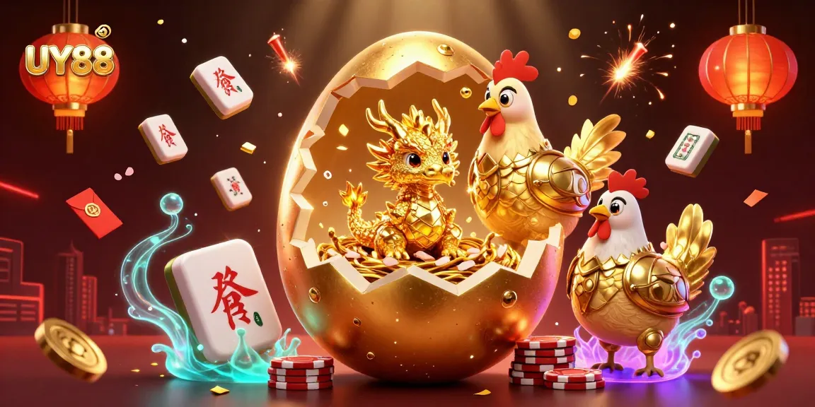Engage UY88 casino gaming with a golden baby dragon amidst vibrant gaming elements.