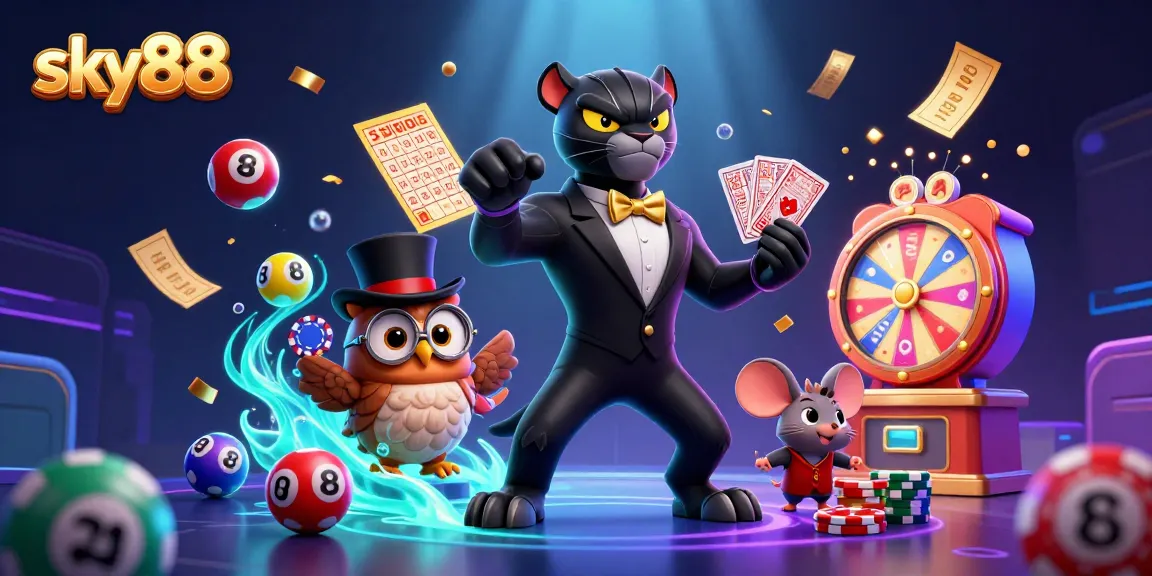 Experience the thrill at sky88 with colorful lottery balls, while enjoying a vibrant 3D casino illustration.