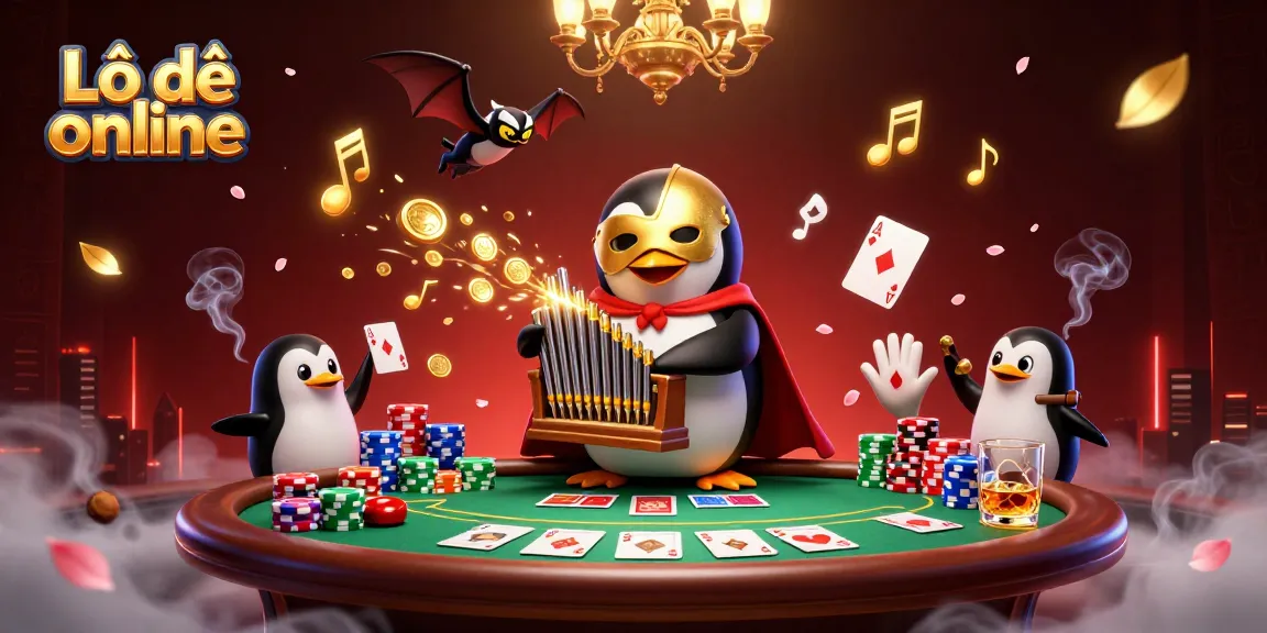 Experience Lô đề online with a vibrant 3D scene featuring exciting casino elements and a captivating penguin character.
