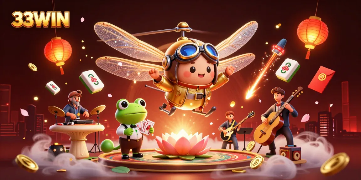 Engage with 33WIN's vibrant casino world featuring a helicopter pilot and frog croupier.