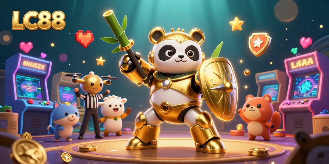 Play dynamic games at LC88, where a golden panda battles in a vibrant casino arena surrounded by fans.