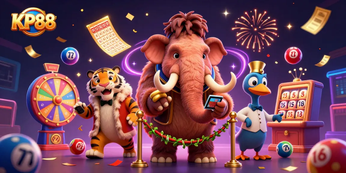 KP88 gaming scene featuring a woolly mammoth bouncer, VIP saber-tooth tiger, and energetic casino atmosphere.
