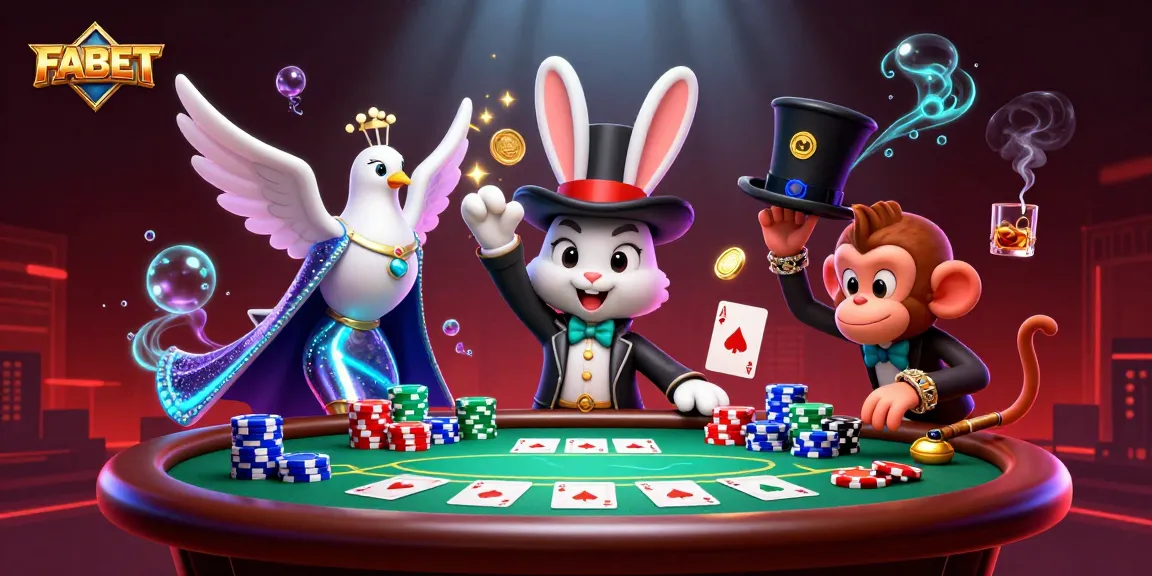 FABET's whimsical rabbit magician conjures coins at a bustling poker scene, enhancing your gaming adventure.
