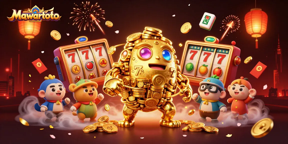 Mawartoto features a golden golem and vibrant casino symbols creating an exciting gaming atmosphere.